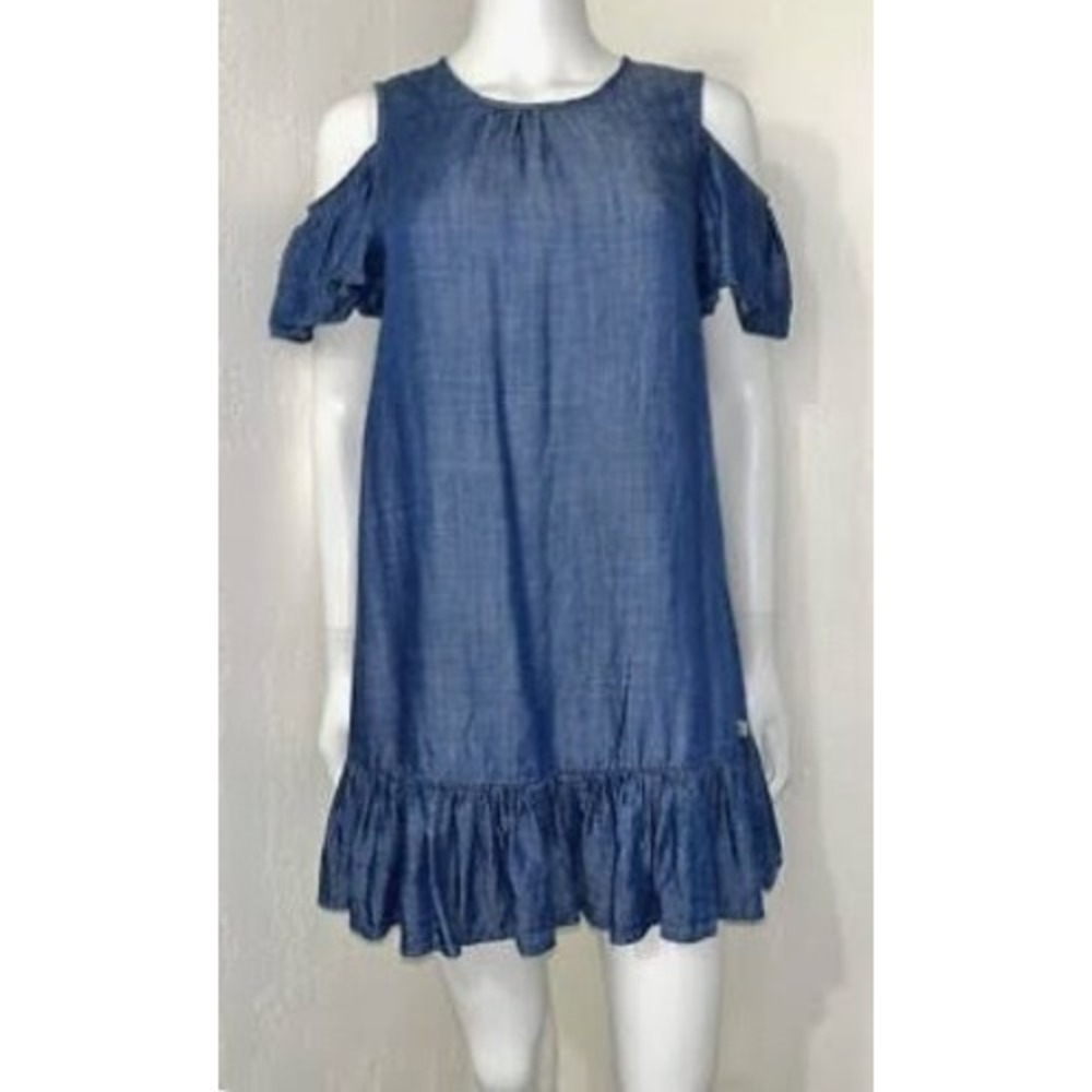 Kate Spade Girls Blue Lyocell Chambray Cold Shoulder Ruffle‎ Dress Size 14